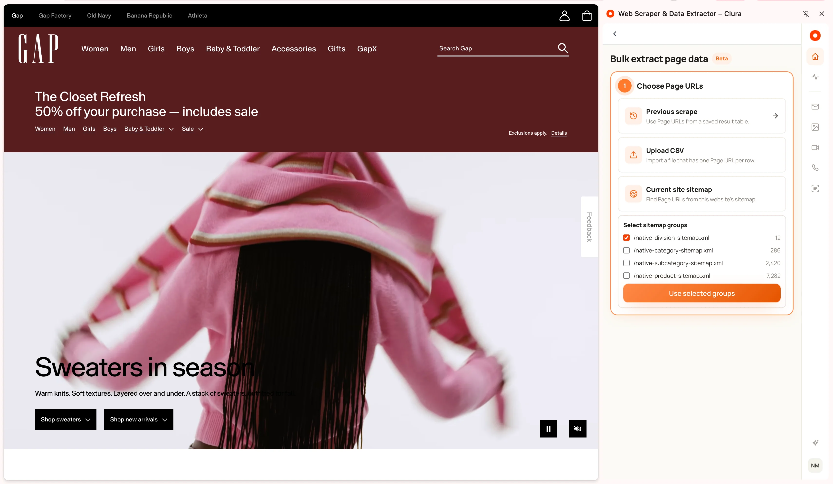 Clura sitemap groups with individual XML sitemaps, URL counts and Use selected groups