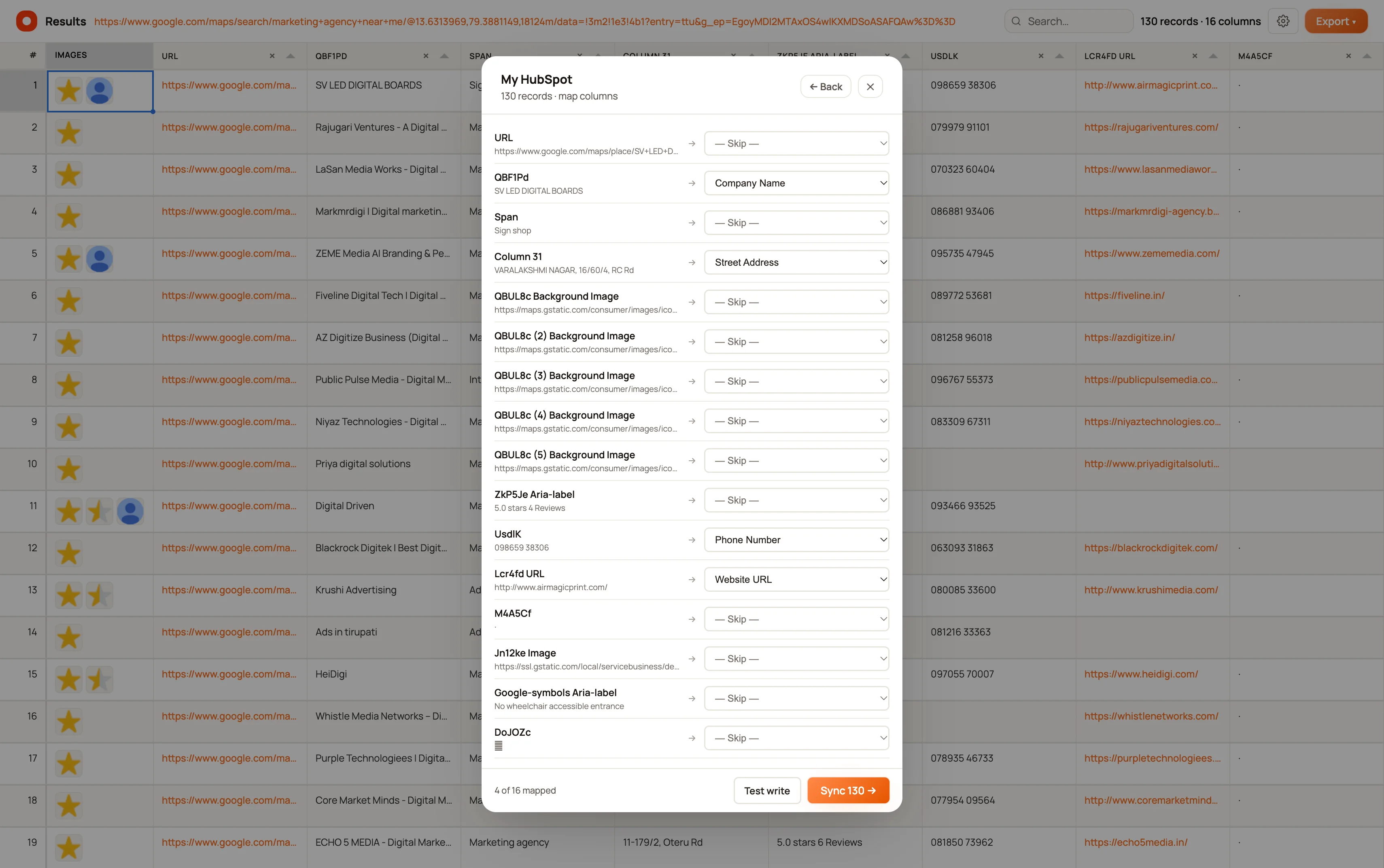 HubSpot field mapping dialog pairing source columns with Company Name, Street Address, Phone Number and Website URL