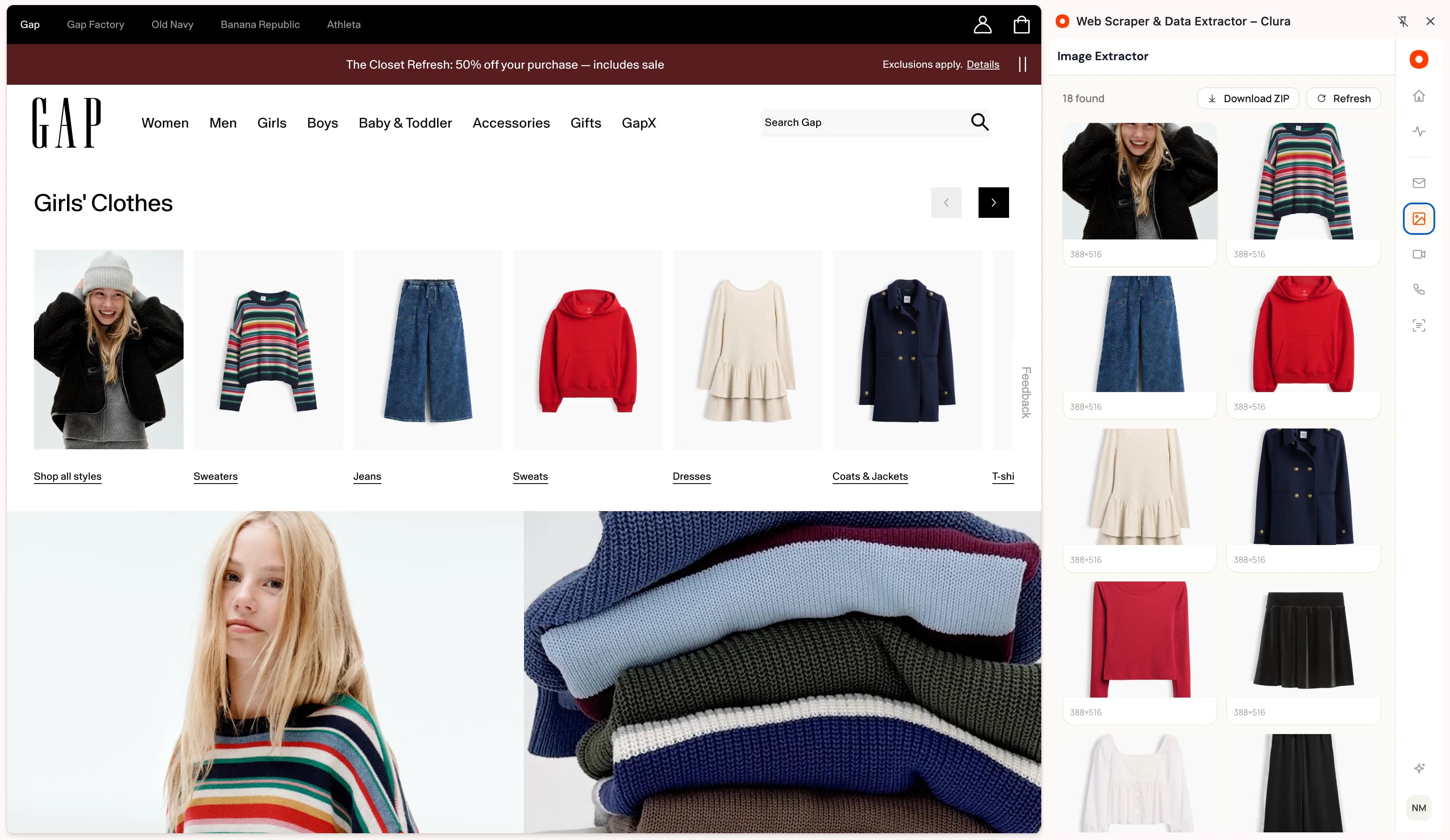 Clura Image Extractor showing image previews, image dimensions and Download ZIP