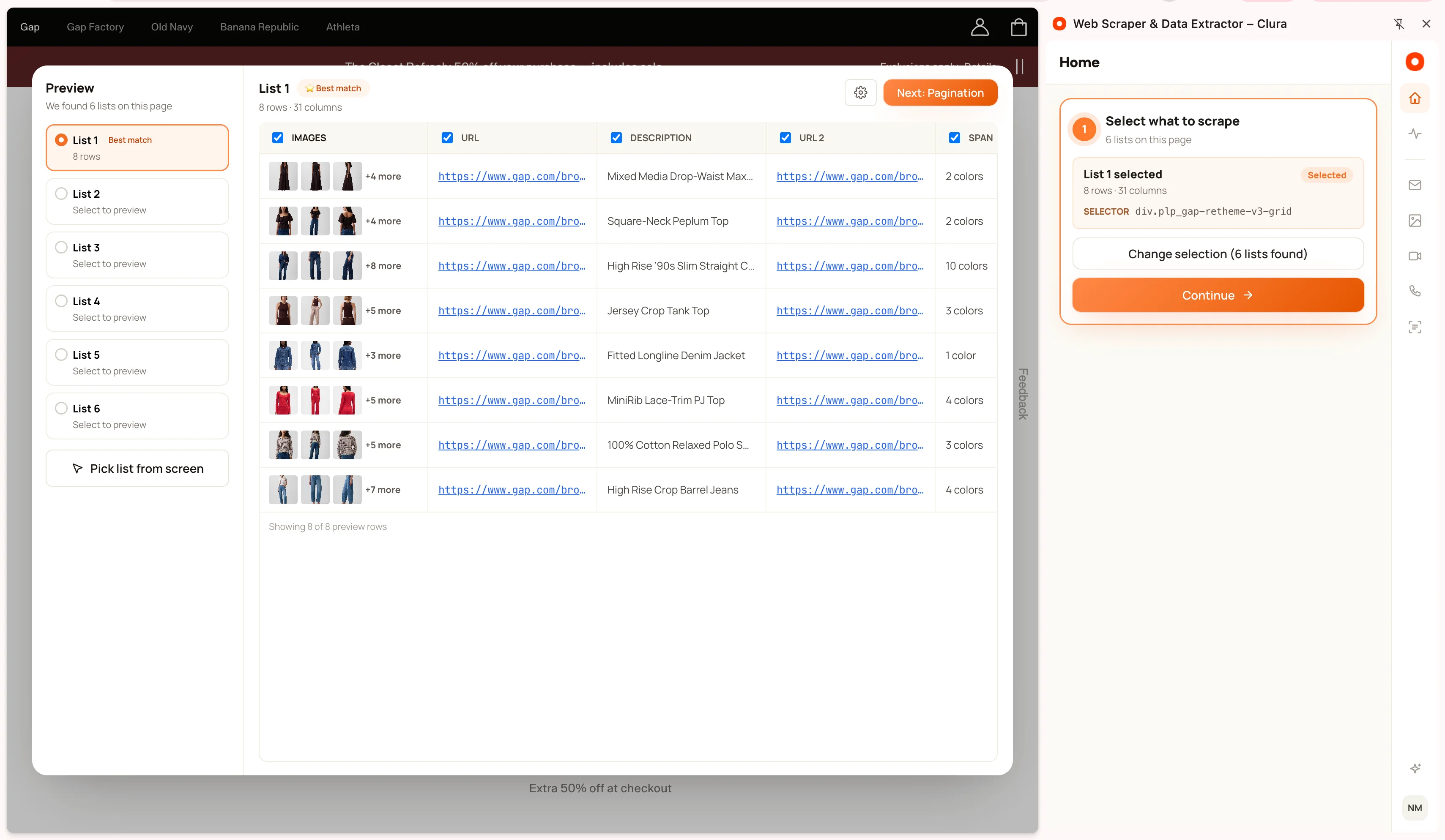Clura preview showing six detected lists, a selected product list and field checkboxes
