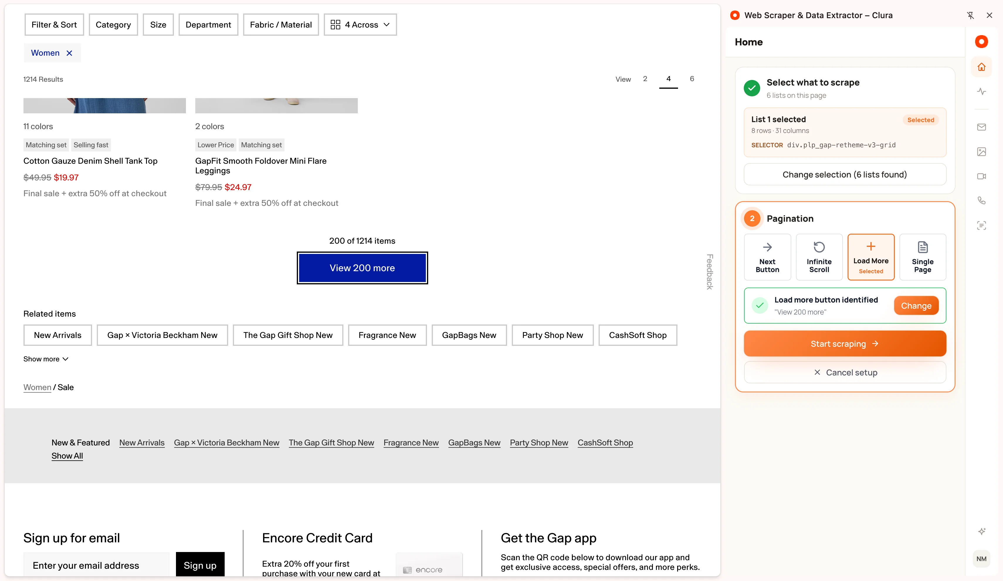 Clura pagination setup with Load More selected and the website’s View 200 more button identified