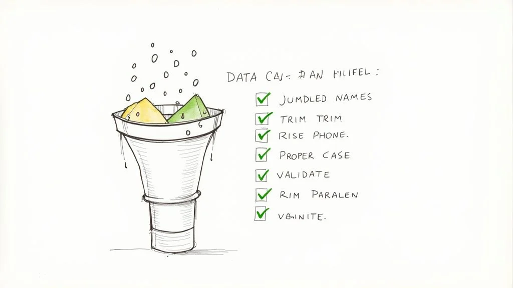 Person using a laptop with icons representing clean data, checks, and databases, symbolizing data validation