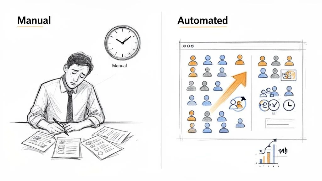 Visual comparison showing a tired person doing manual lead generation work versus an automated AI lead generation system