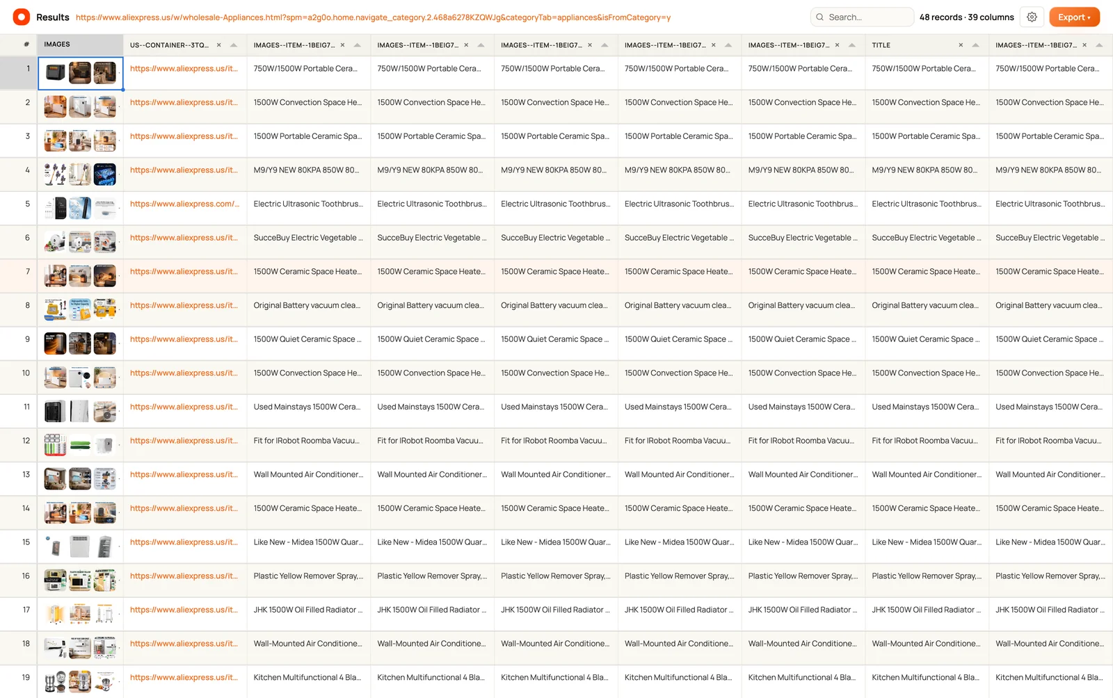 Clura AliExpress results table showing product images, listing links, titles, and export controls
