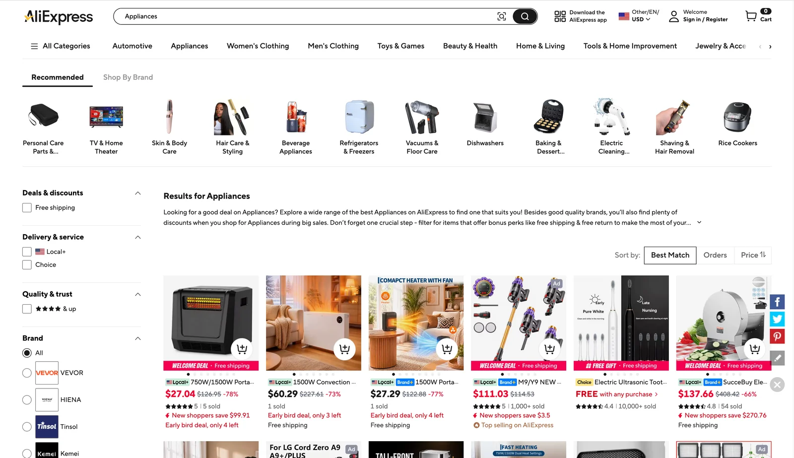 AliExpress appliances category with product cards, prices, promotional labels, ratings, and filters