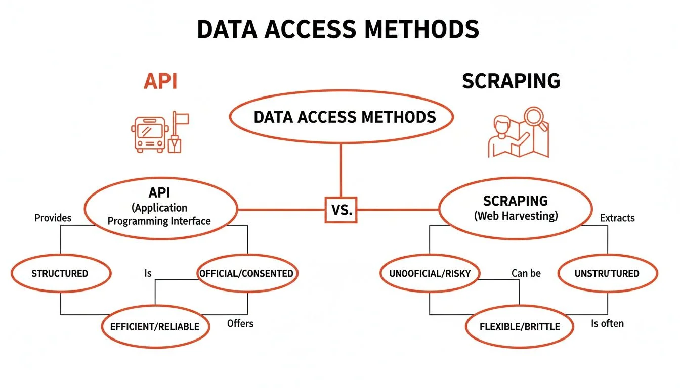 Comparative diagram of API and scraping data access methods showing characteristics and tradeoffs