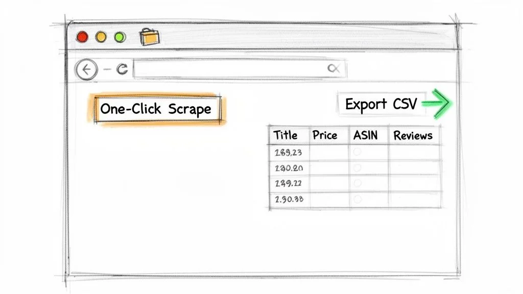 Browser sketch showing a One-Click Scrape button and a table with Amazon product data