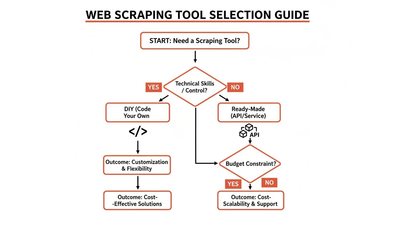 Decision flowchart for choosing between DIY scraper, API, and no-code tool for Amazon