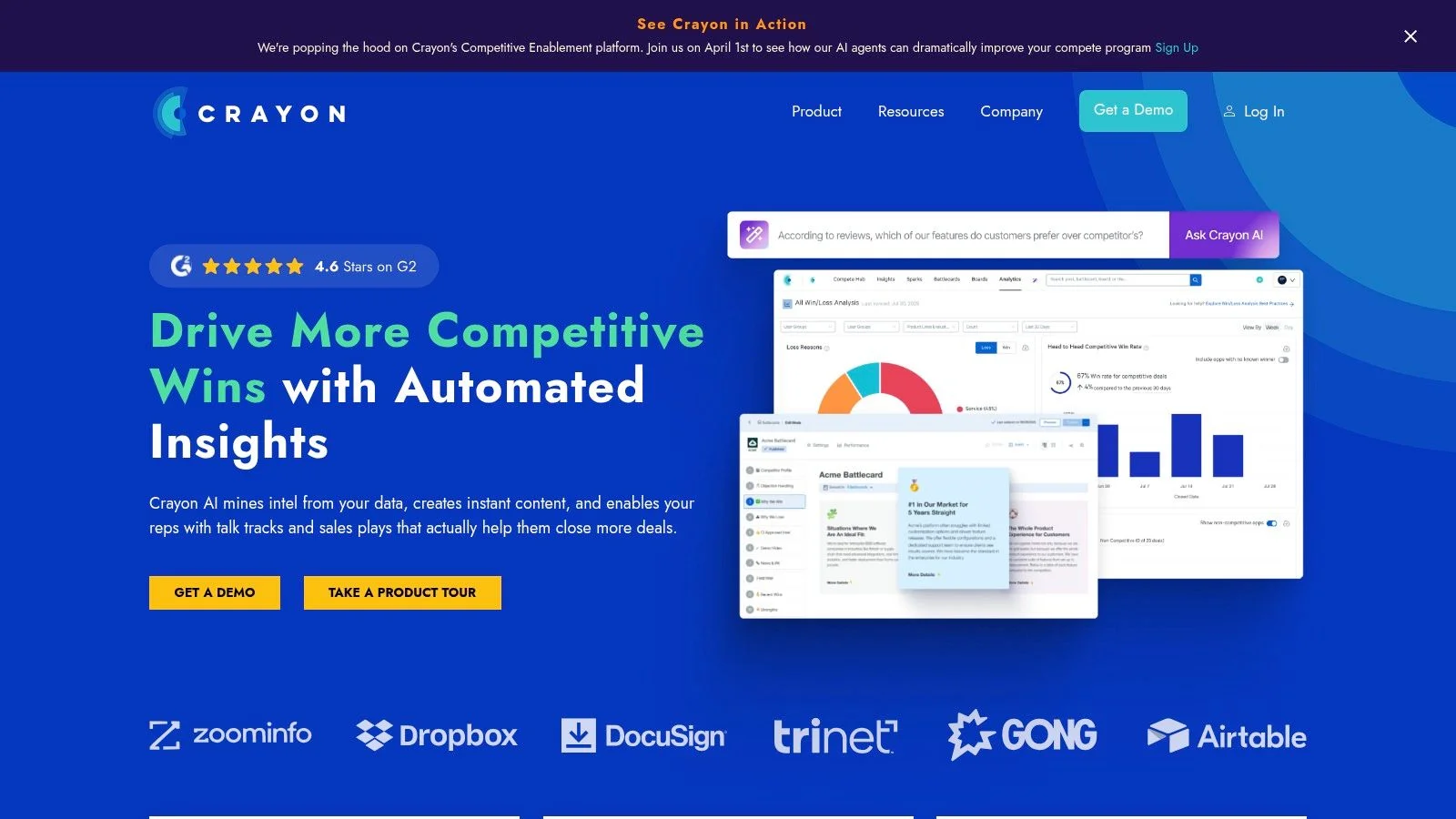 Crayon competitive intelligence platform showing automated competitor tracking and sales battlecard generation