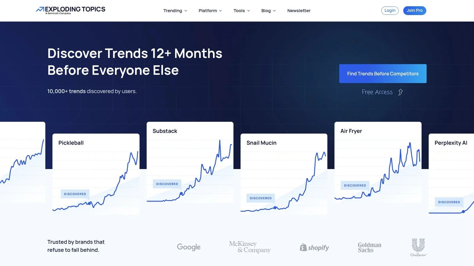 Exploding Topics Pro platform showing rising trend graphs and nascent topic discovery for market research