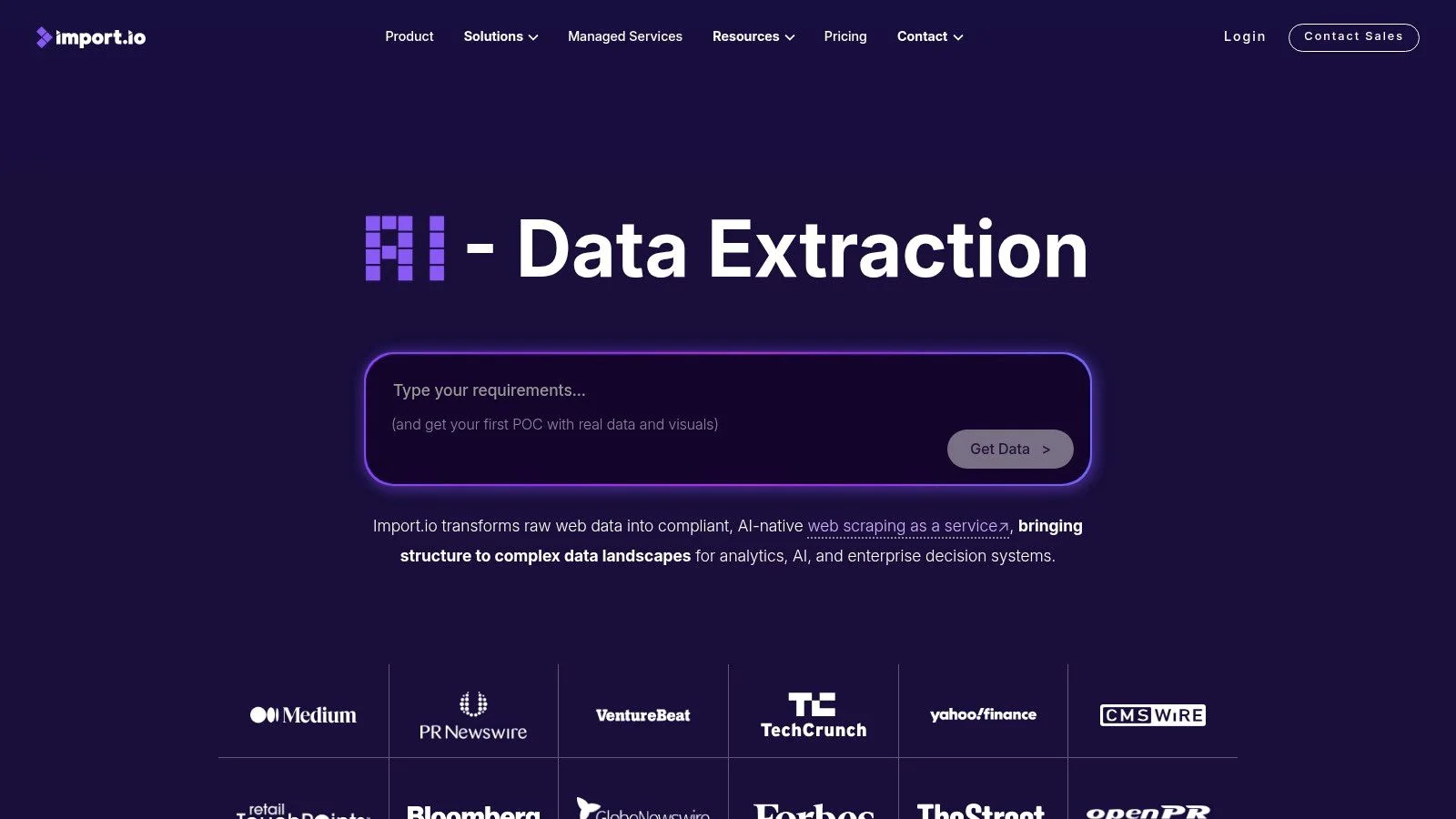Import.io enterprise data extraction platform showing managed scraping service