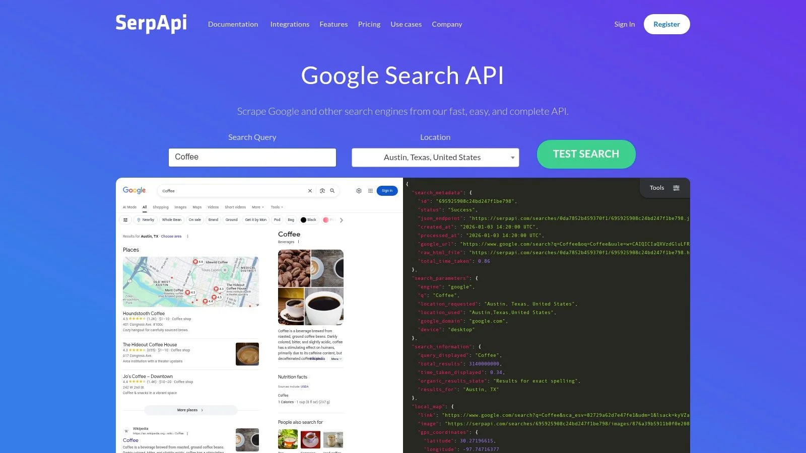 SerpApi interface showing structured search engine results data extraction