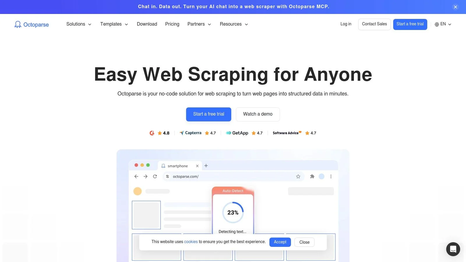 Octoparse visual web scraping interface showing point-and-click data extraction