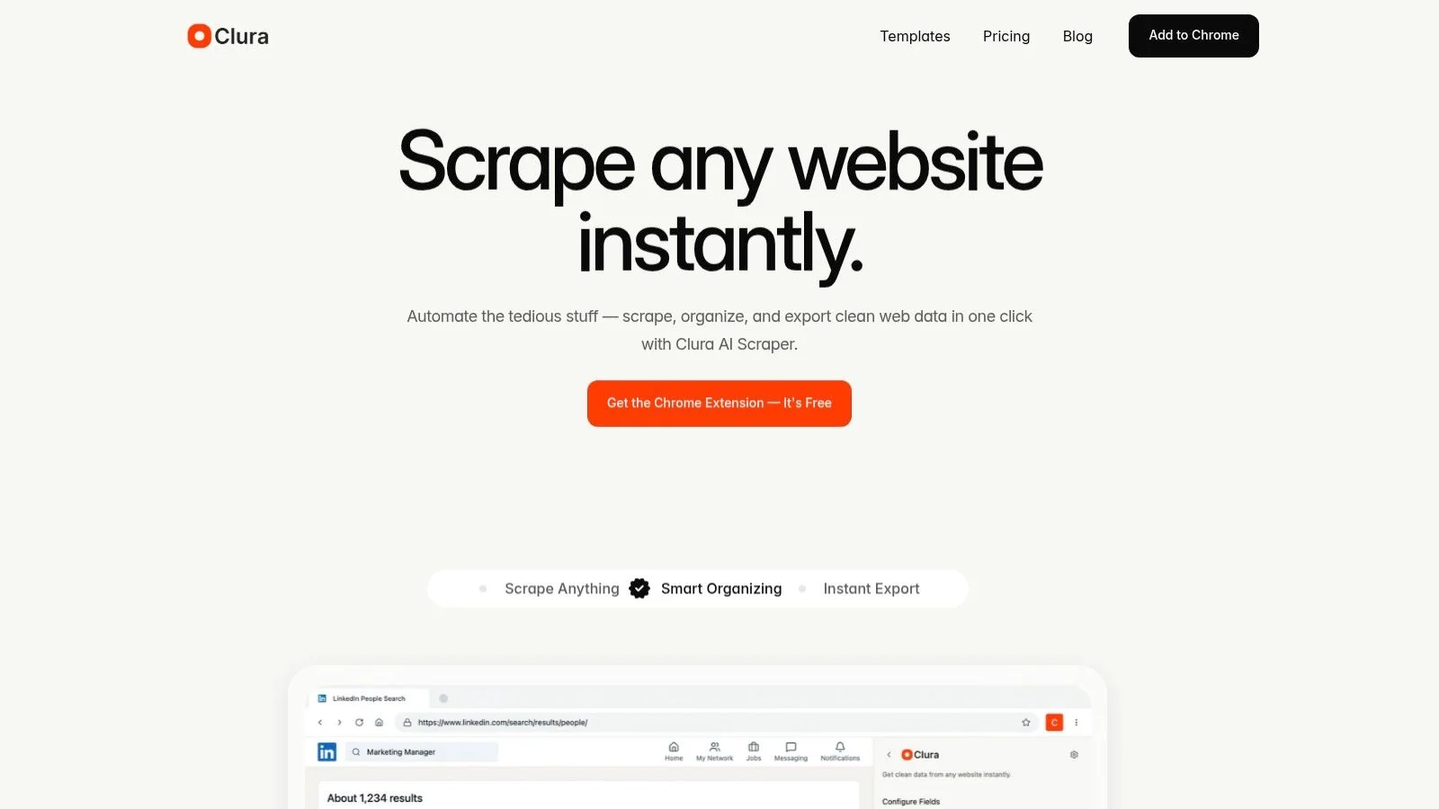 Clura AI web scraper Chrome extension showing data extraction interface