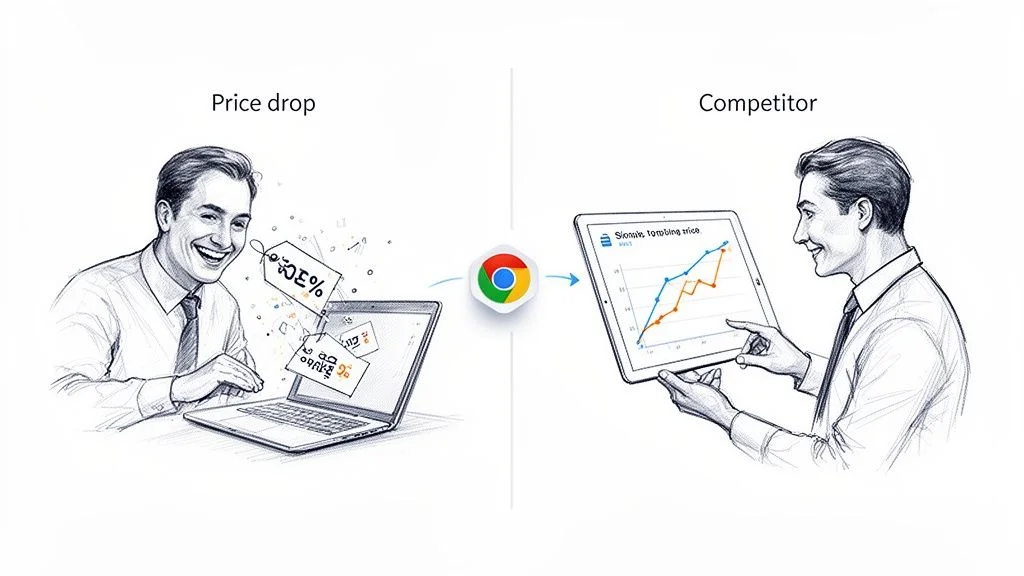 Chrome extension price tracker showing price drop detection and competitor tracking across multiple e-commerce sites
