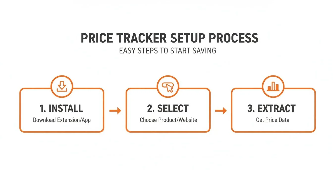 Infographic showing three steps to set up a Chrome extension price tracker: install, select data, extract and export