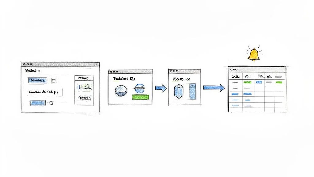 Multi-step competitive intelligence workflow diagram showing automated data extraction