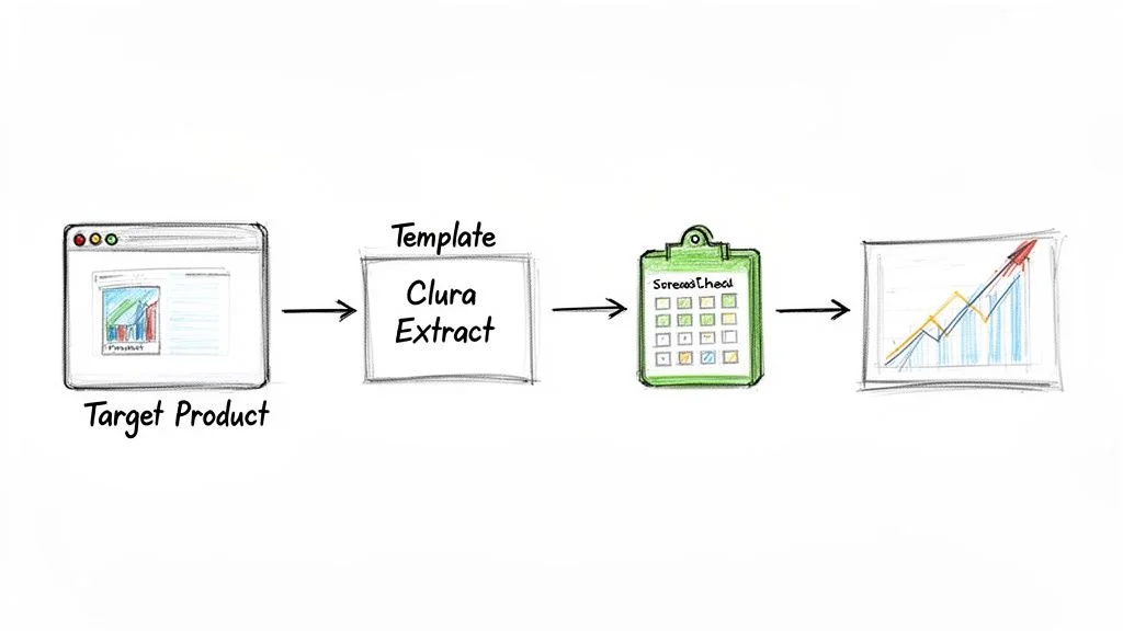 Diagram showing data flow from target product through template extraction to spreadsheet and trend visualization