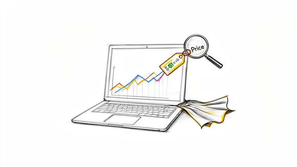 Hand-drawn laptop with a rising graph, a price tag, and a magnifying glass depicting price monitoring