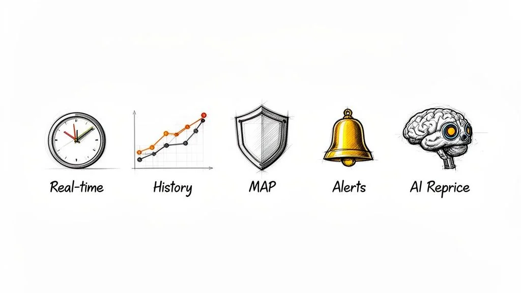 Icons representing real-time, history, MAP, alerts, and AI repricing features of competitive monitoring software