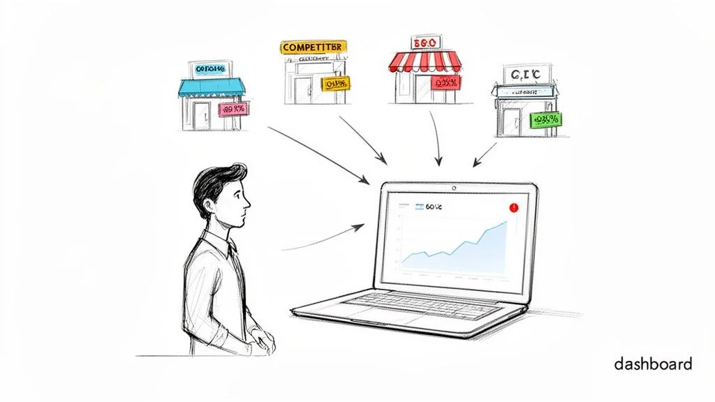 Man viewing a competitor price monitoring dashboard showing pricing data from multiple sources