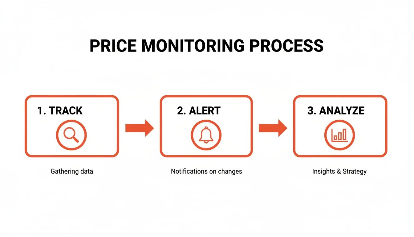 Workflow diagram showing the three steps of price monitoring: track data, alert on changes, analyze for strategy