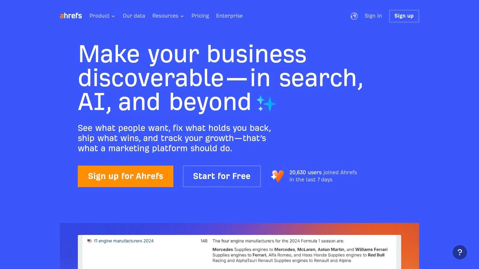 Ahrefs homepage showing competitive SEO and backlink analysis tools