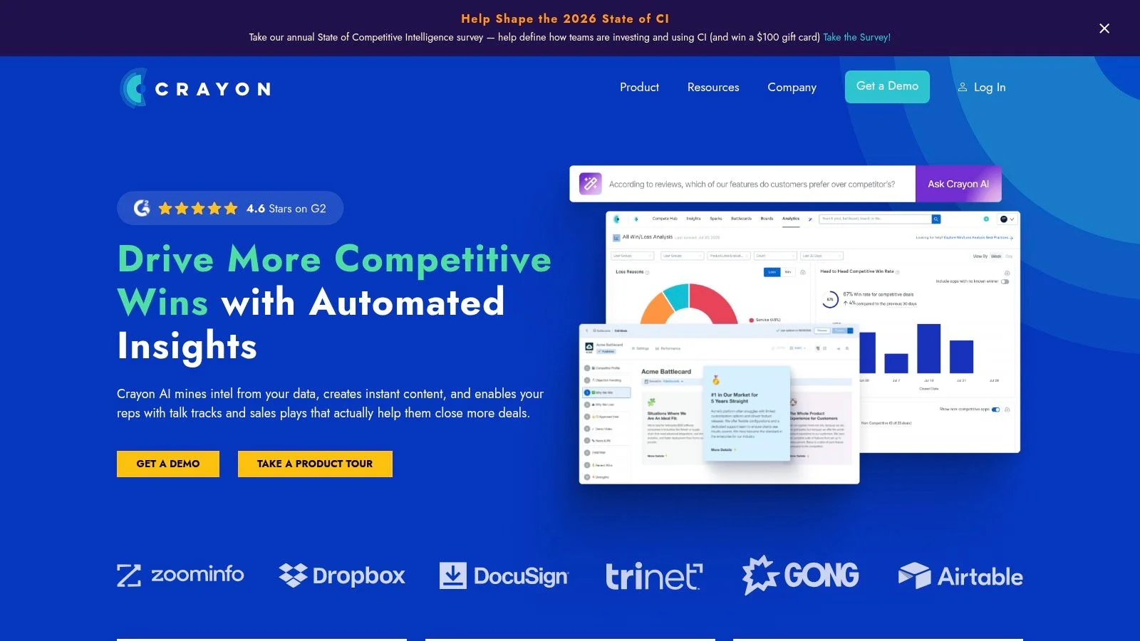 Crayon competitive intelligence platform showing automated competitor tracking workflows