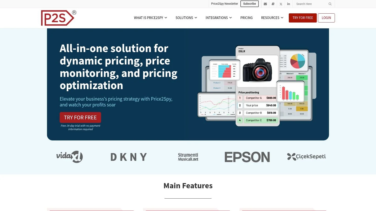 Price2Spy dashboard showing competitor price tracking and MAP monitoring for e-commerce