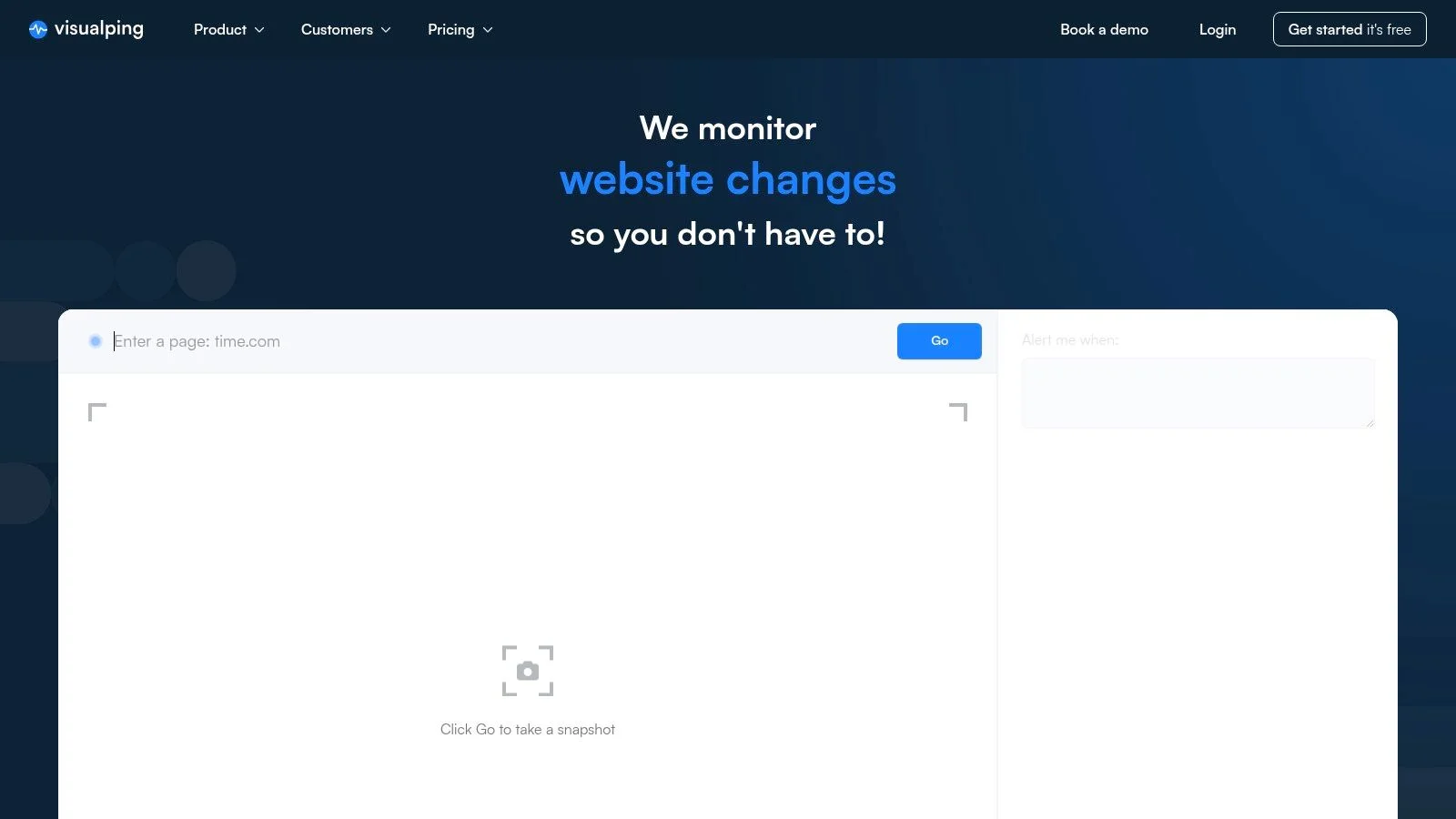 Visualping tool showing website change monitoring with screenshot comparison alerts