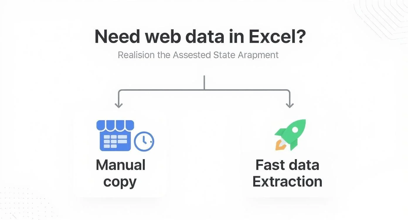 Infographic contrasting manual web data copying with fast web data extraction for Excel