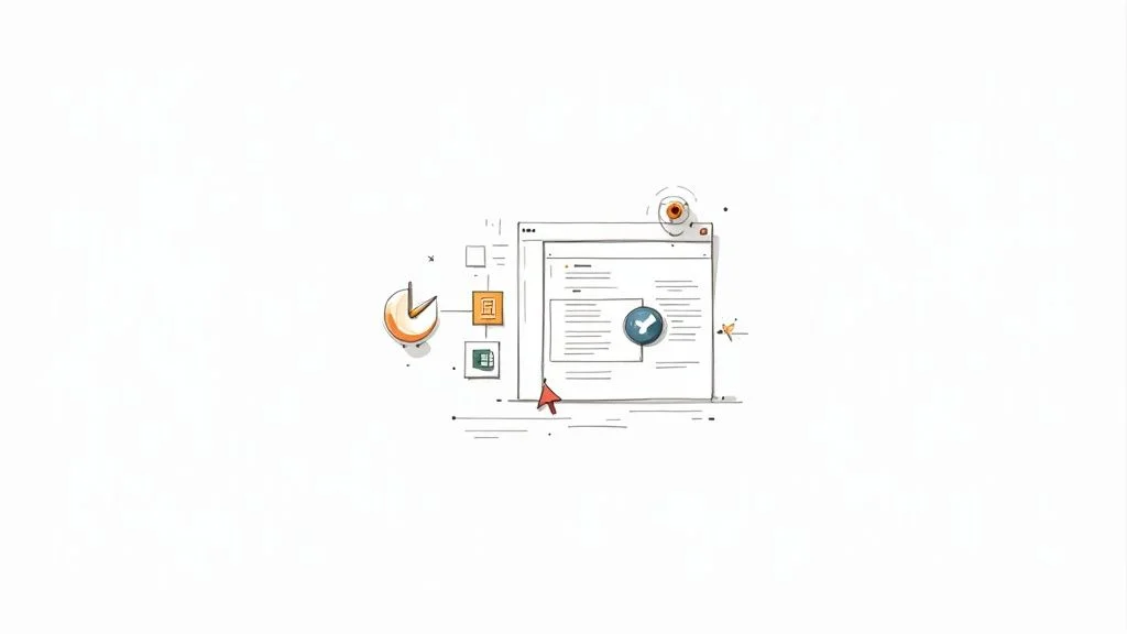 Stylized illustration of a document in an application window with data processing icons showing no-code automation
