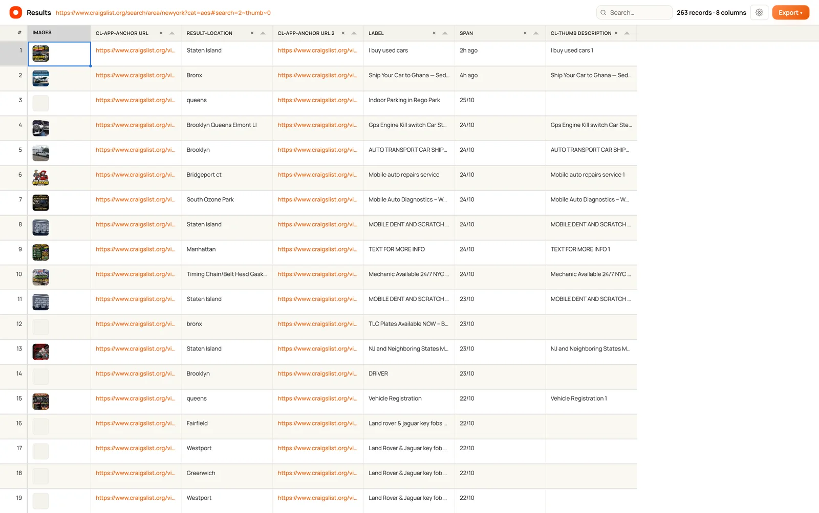 Clura Craigslist results with 263 records, listing details, and export controls