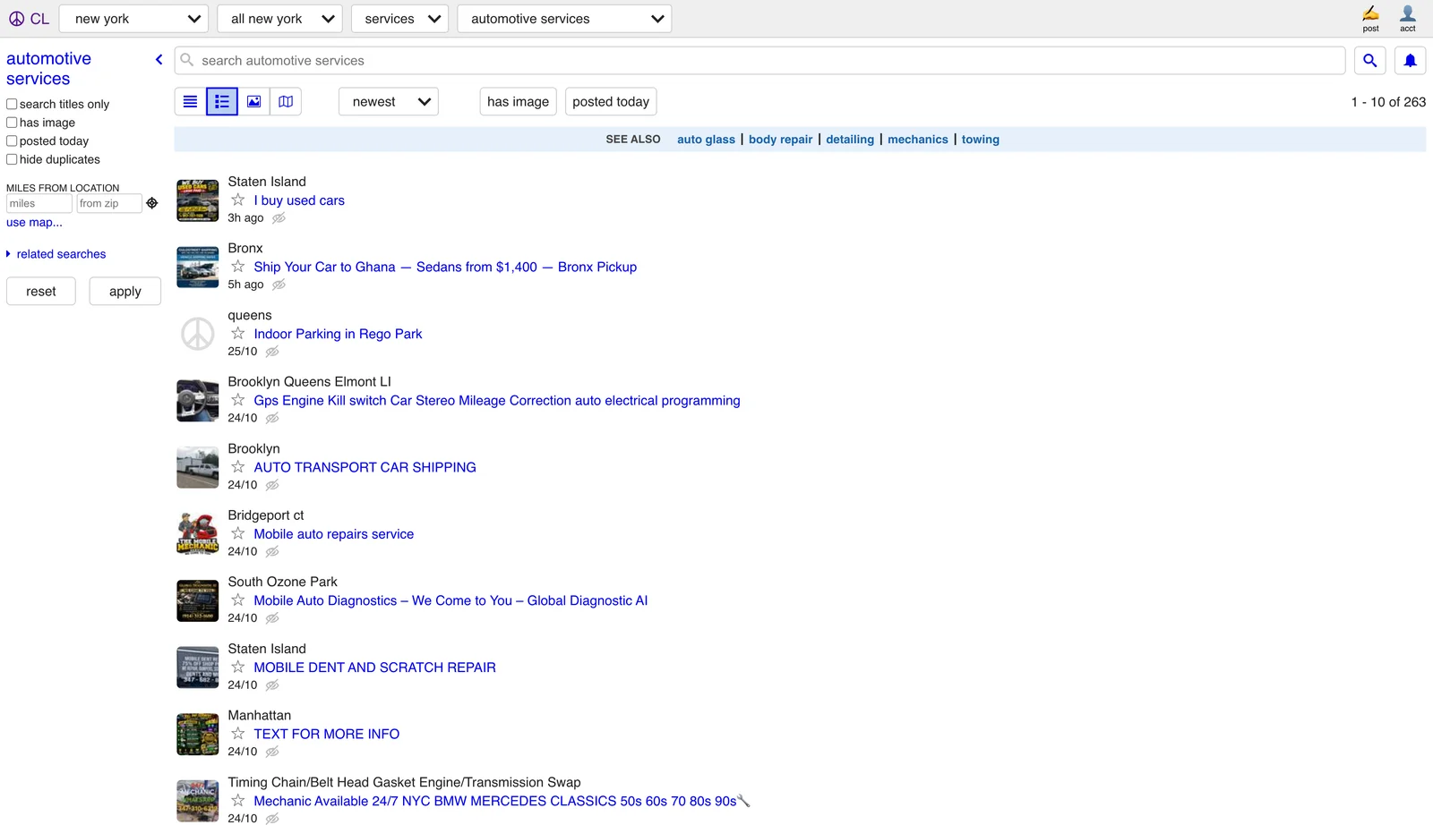 Craigslist local-service listings with titles, locations, images, and search filters
