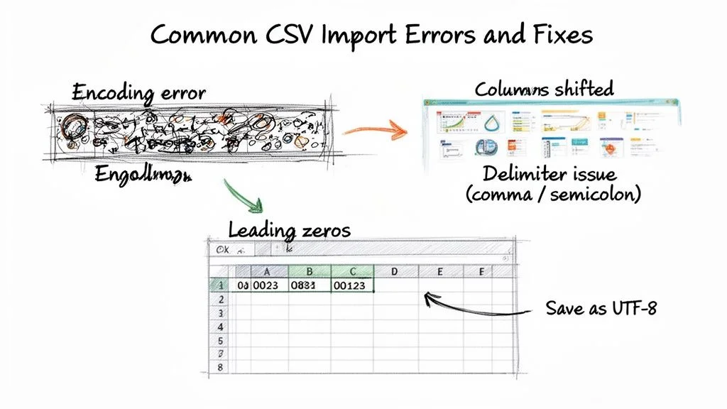 Infographic illustrating common CSV import errors like encoding issues, shifted columns, and missing leading zeros with solutions