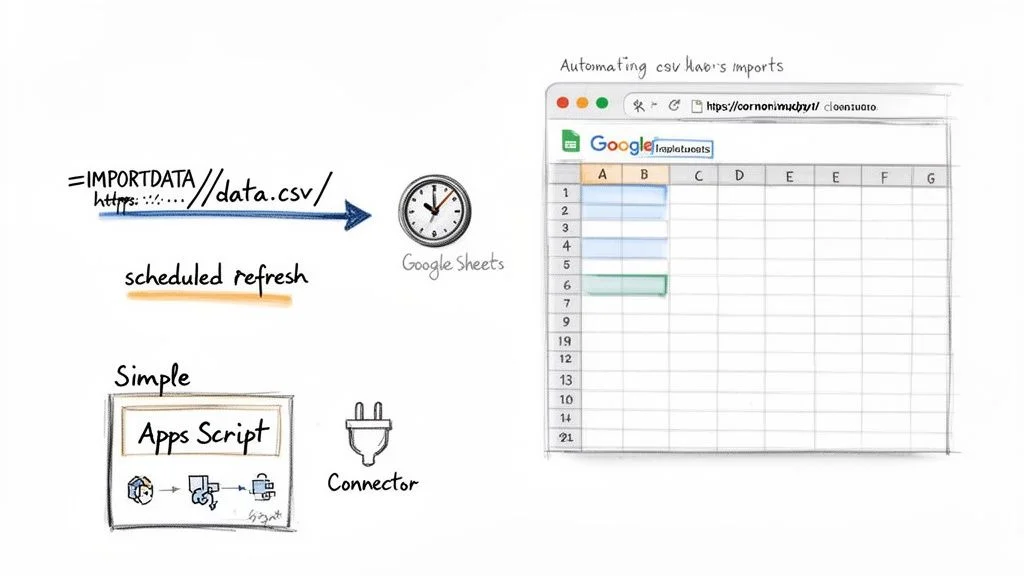 Illustration showing methods to automate CSV data import into Google Sheets with scheduled refreshes, Apps Script, and connectors