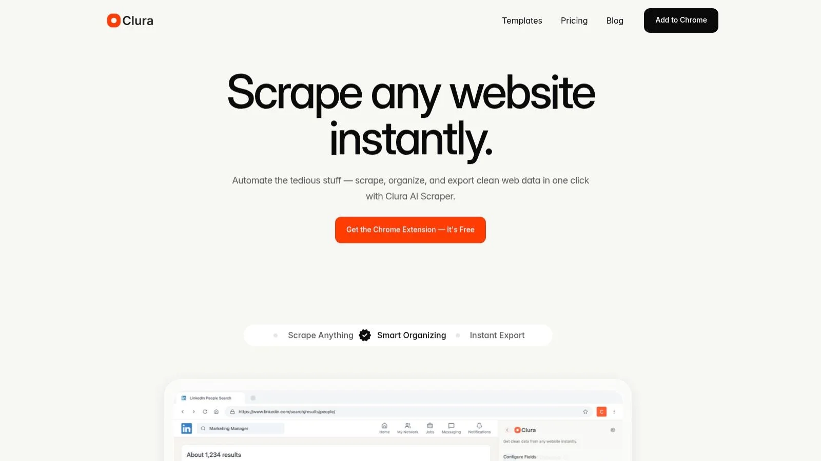 Clura data collection software interface showing one-click web scraping