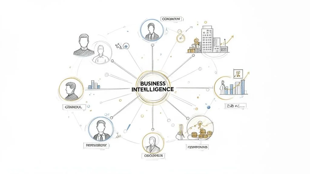 Business intelligence diagram showing LinkedIn data connected to sales, recruiting, marketing, and research