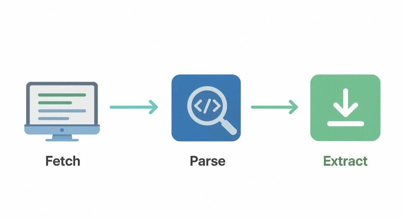 Infographic showing the web scraping process from URL request to structured data output