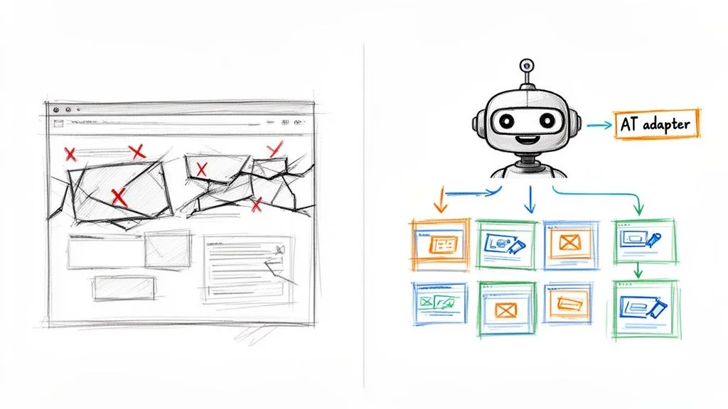 A diagram contrasting a broken web page with a robot using an AI adapter for organized web scraping.