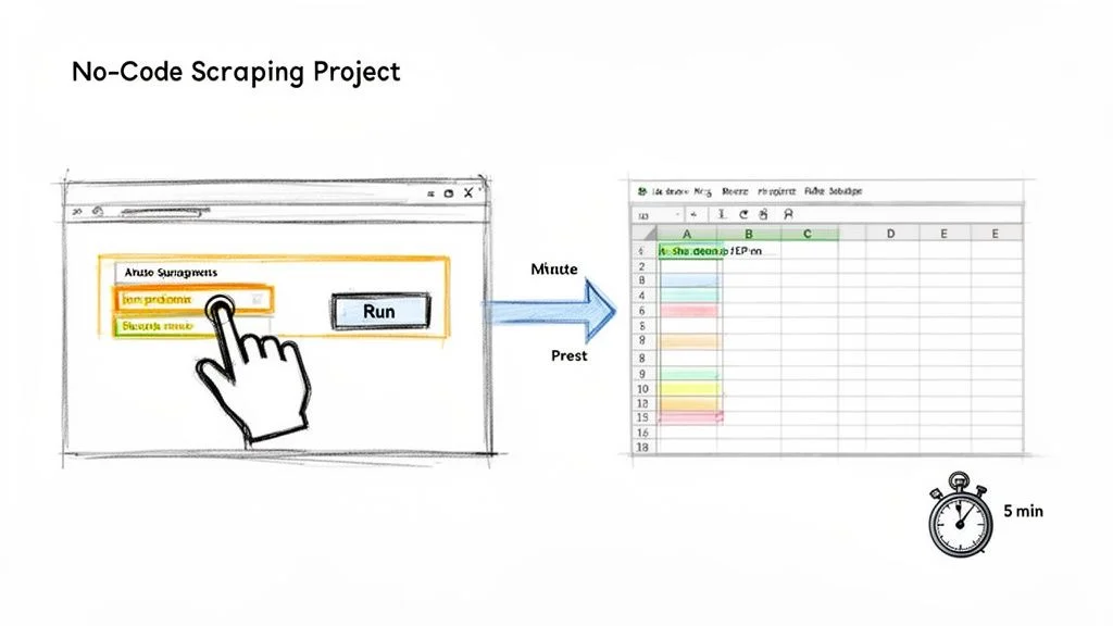 Diagram showing the no-code web scraping process, extracting data from a web interface into a spreadsheet.
