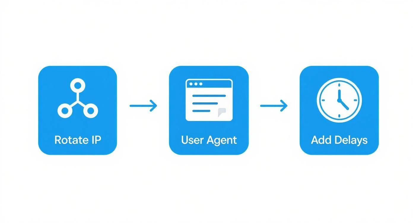 Web scraping workflow diagram showing IP rotation, user-agent switching, and request delays