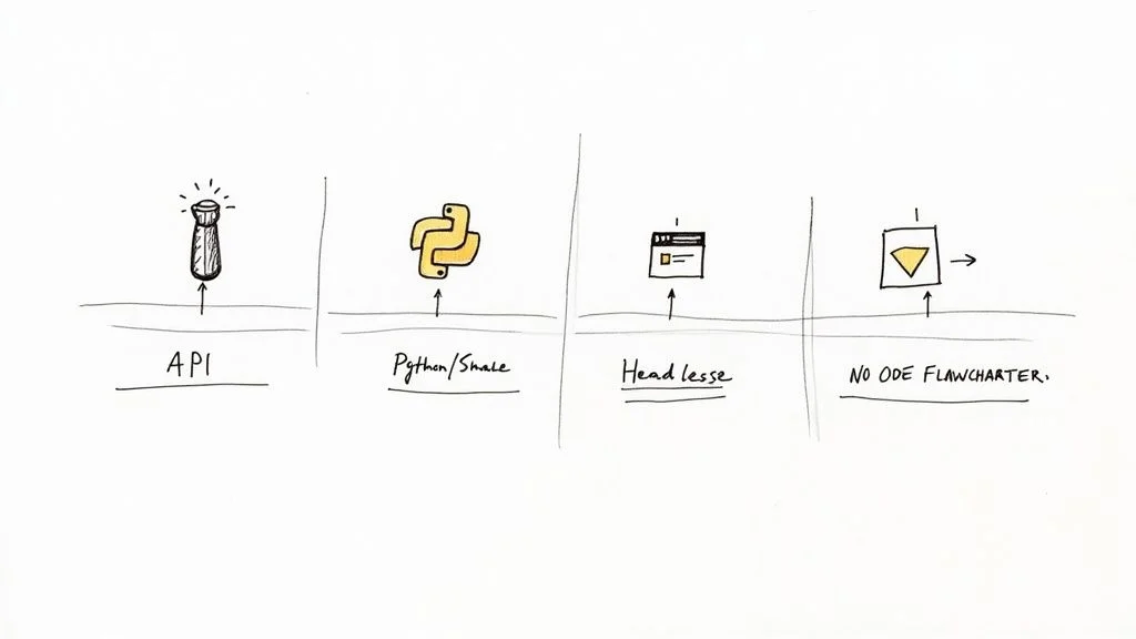 Diagram illustrating eBay scraping approaches: API, Python scripts, and headless browser tools