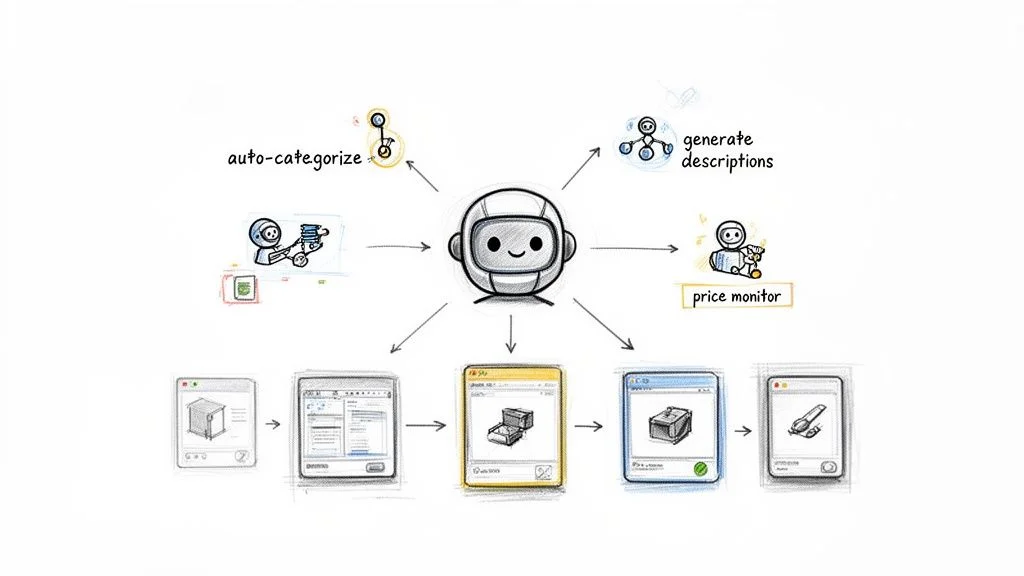 AI robot streamlining product catalog management with auto-categorisation, description generation, and price monitoring