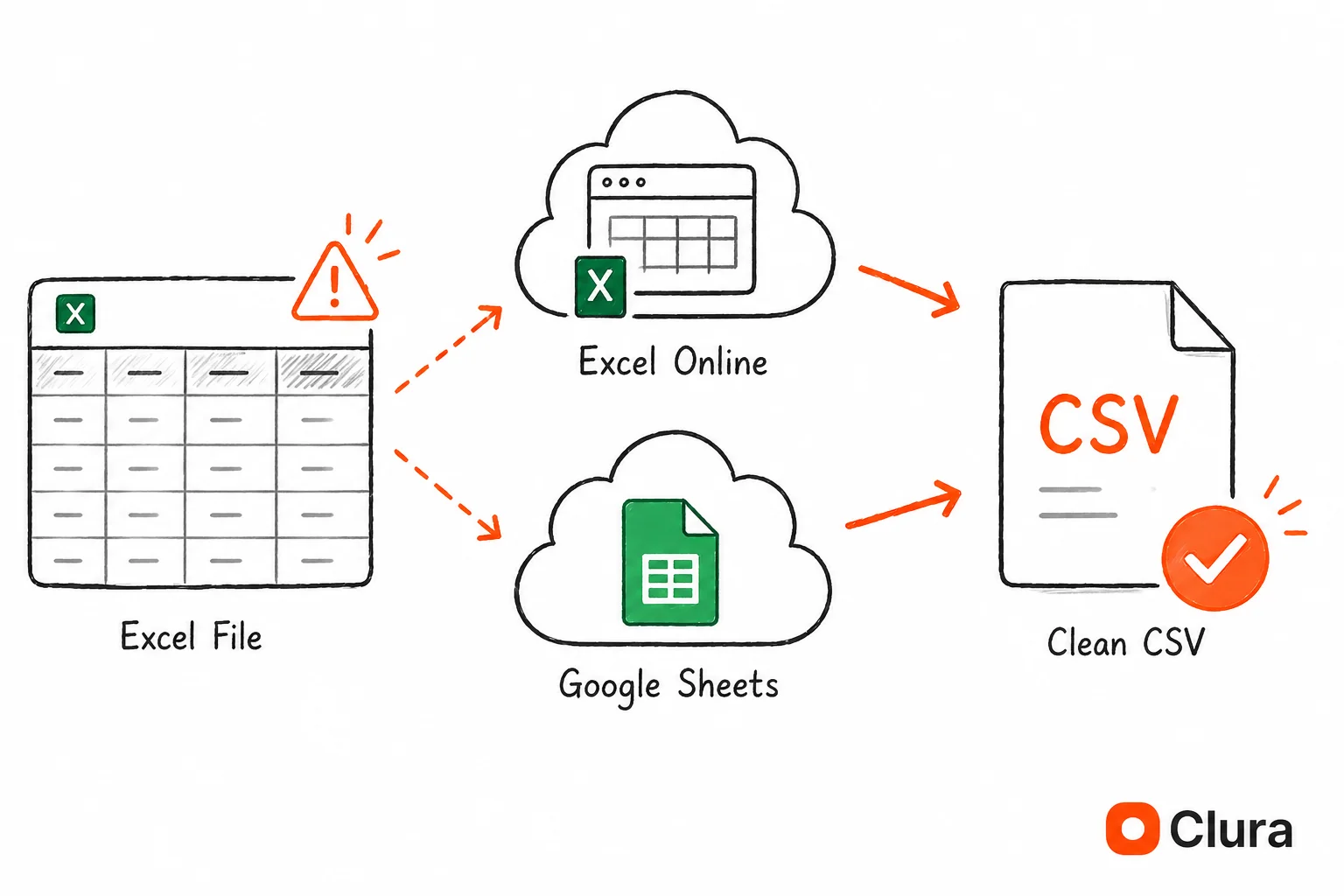 Diagram showing Excel file conversion to CSV via Excel Online and Google Sheets cloud export