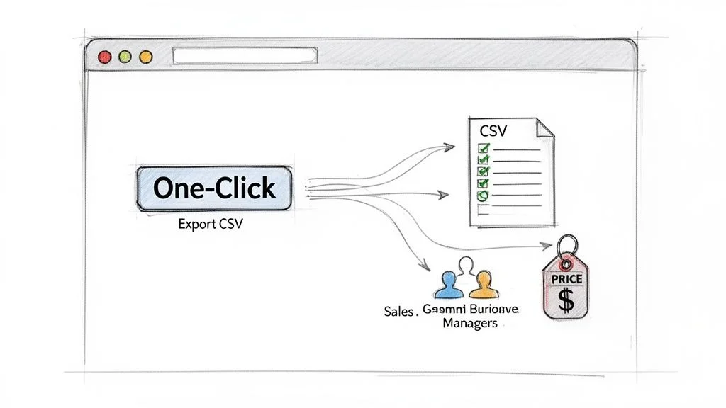 Web crawling data export workflow showing CSV output for sales and pricing use cases