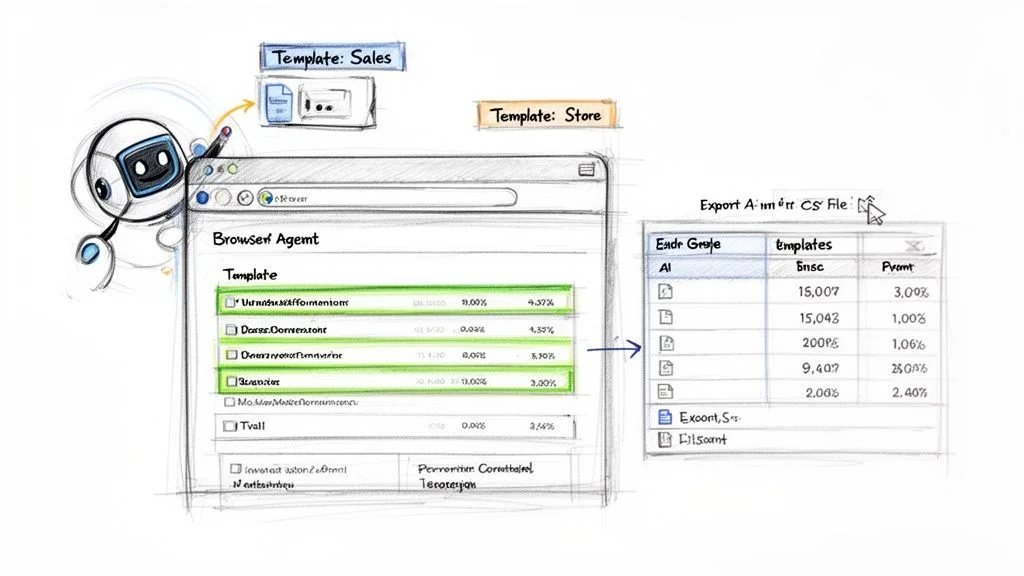 AI agent browser extension showing data extraction templates and export options