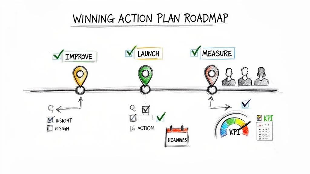 Small business market research action plan framework showing insight to initiative conversion