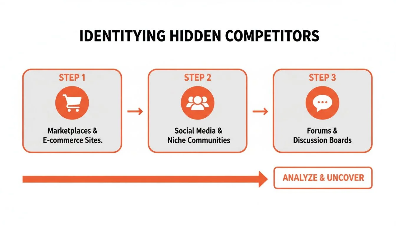 Infographic detailing a 3-step process for identifying hidden competitors using marketplaces, social media, and forums
