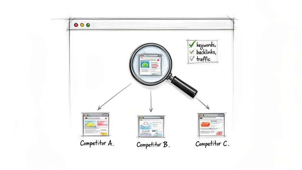 Analysing competitor websites for SEO insights like keywords, backlinks, and traffic using a magnifying glass